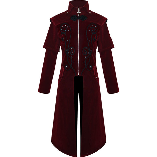 Gothic Carved Black Embroidered Red Velveteen Dovetail Men Coat