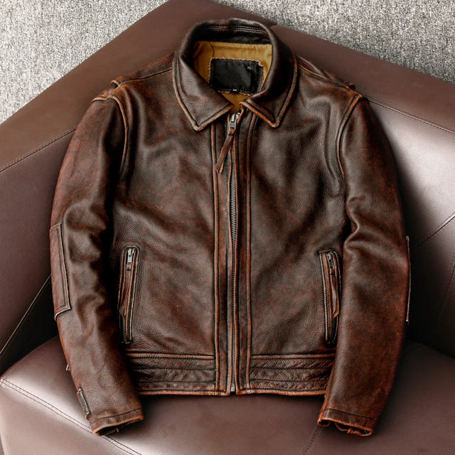Men's brown genuine leather jacket on a mannequin