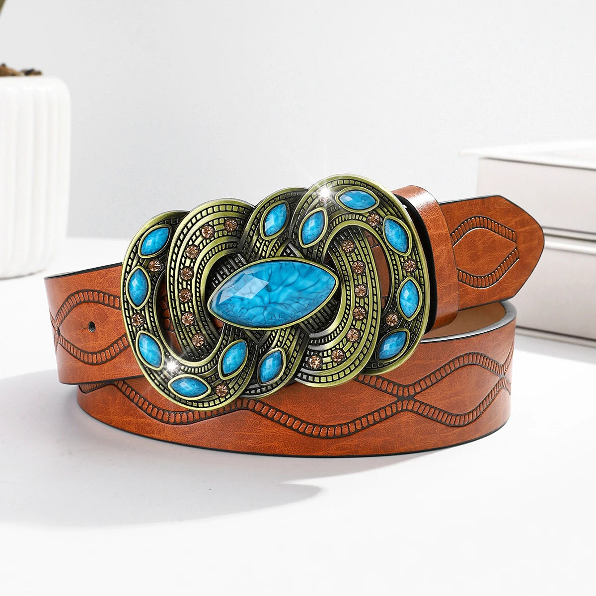 Western Leather Belt for Women – Vintage Brown Belt with Large Turquoise Stone Buckle, Cowgirl Country Rodeo Fashion Accessory