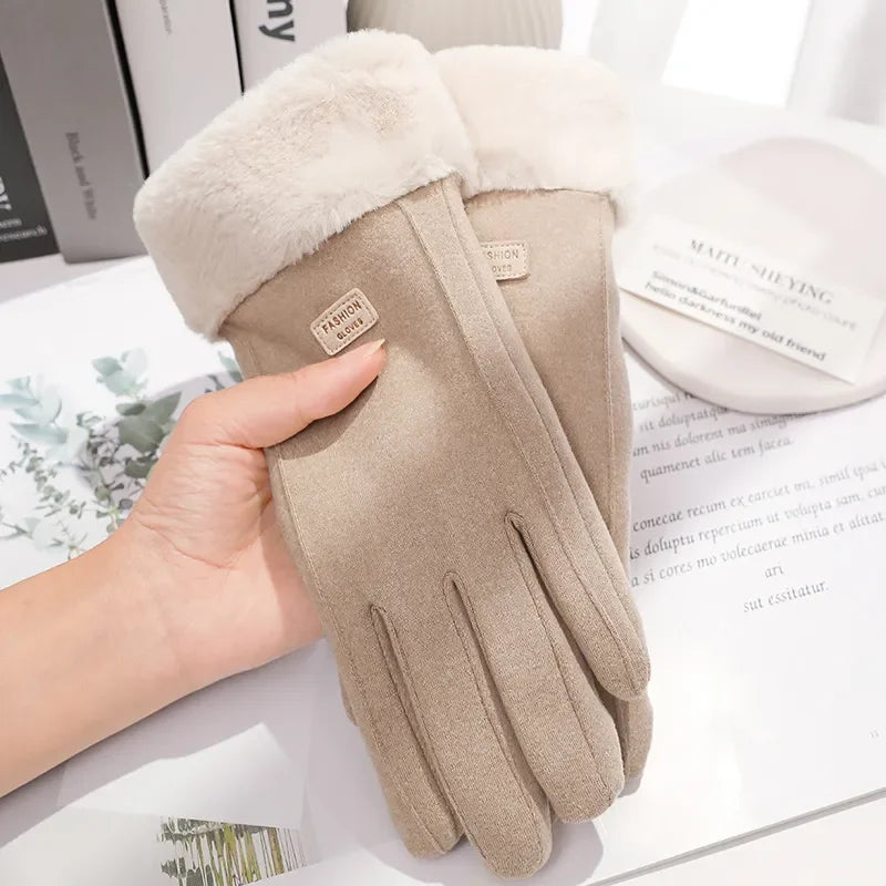 Women Winter Thick Plush Gloves Fashion Warm Suede Outdoor Guantes Lady Touchscreen