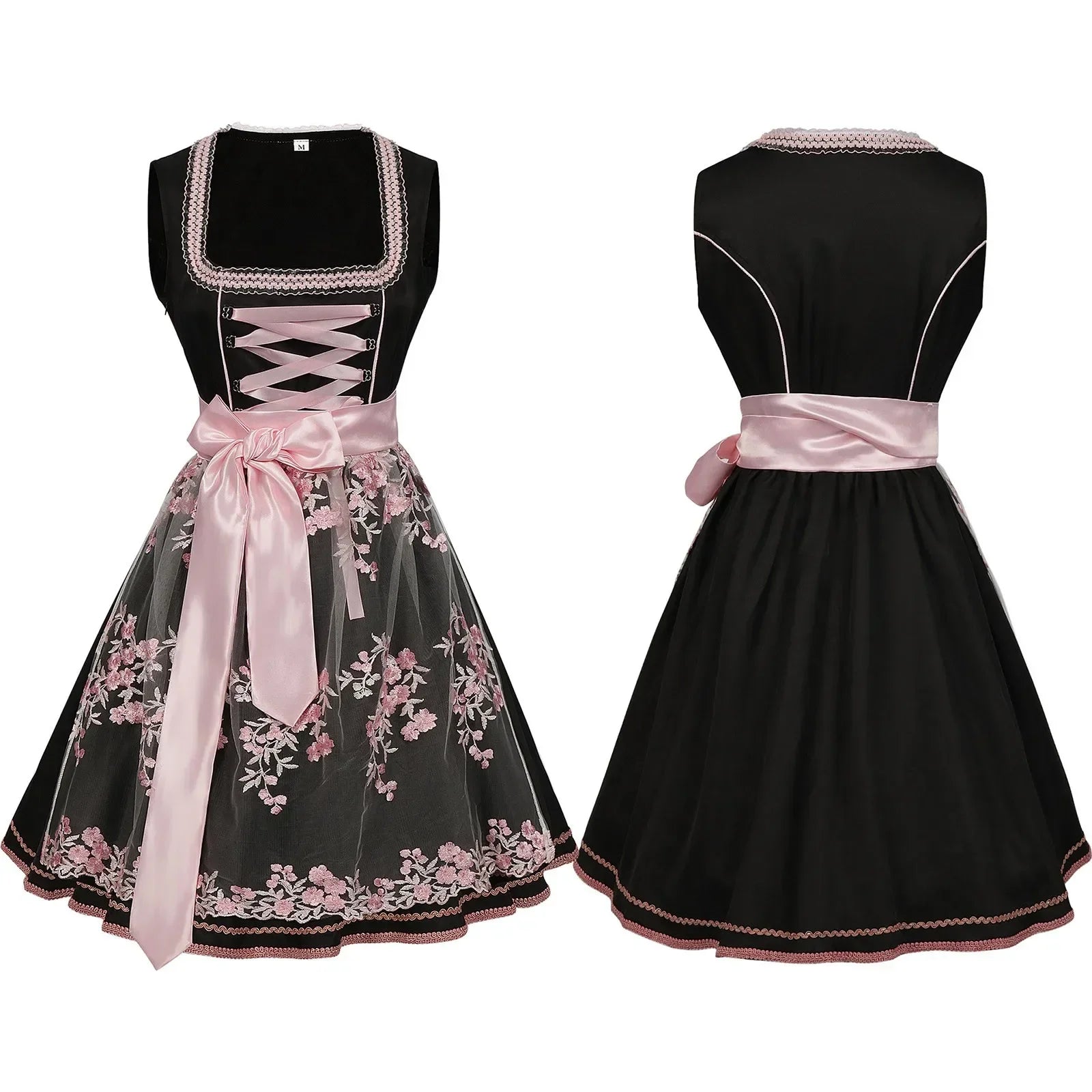 Women’s Black & Pink Dirndl Dress – Bavarian Oktoberfest Costume with Floral Embroidered Apron & Satin Bow