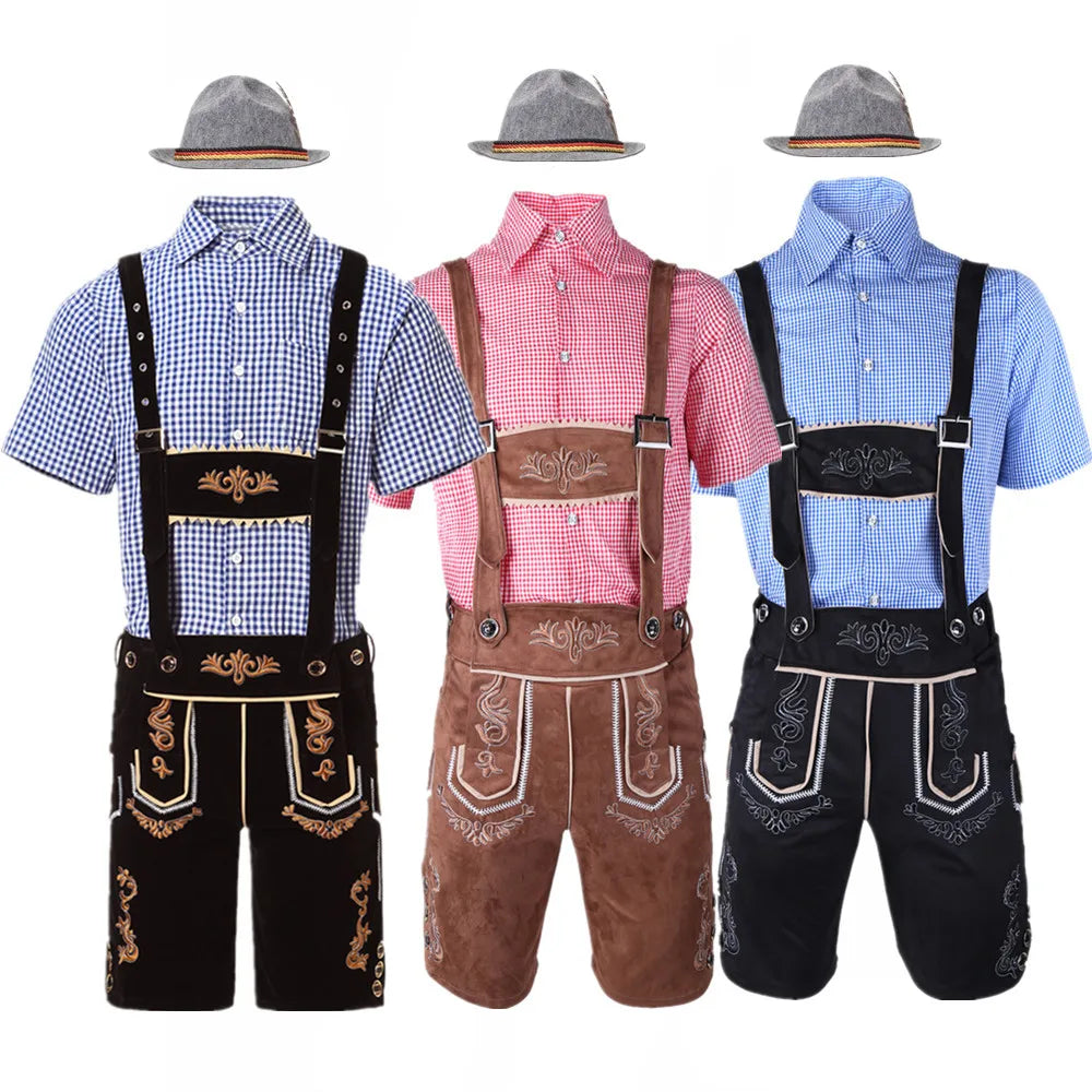 German Oktoberfest Lederhosen Short Sleeve Plaid Shirt Suspenders With Shirt Set & Hat