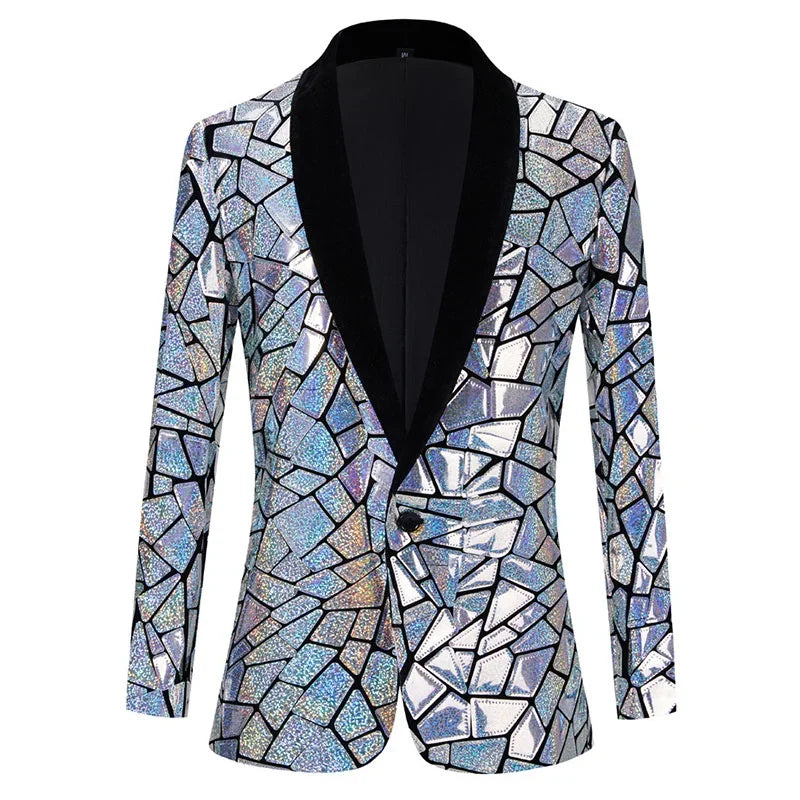 Luxury Men’s Laser Sequin Tuxedo Blazer – One Button Shawl Lapel Dress Suit Jacket for Weddings, Proms, Parties & Formal Events