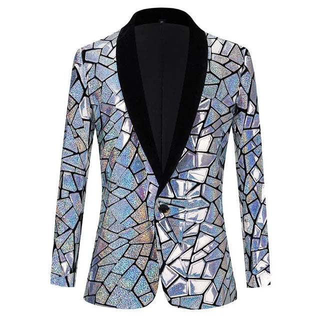 Luxury Men’s Laser Sequin Tuxedo Blazer – One Button Shawl Lapel Dress Suit Jacket for Weddings, Proms, Parties & Formal Events