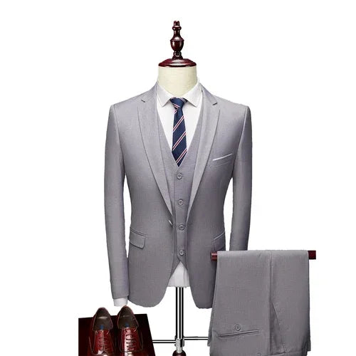 Men’s 3-Piece Slim Fit Suit Set – Blazer, Vest & Pants | Casual Business Solid Color Outfit
