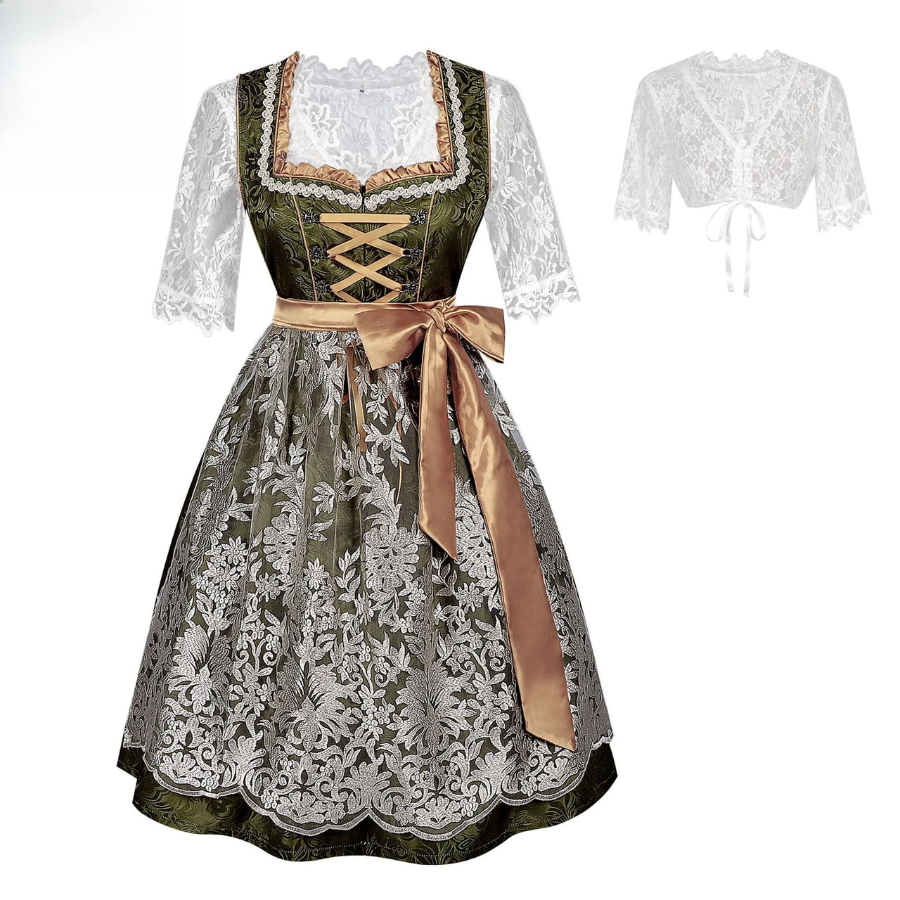 Women’s Green & Gold Dirndl Dress – Elegant Bavarian Oktoberfest Costume with Embroidered Tulle Apron
