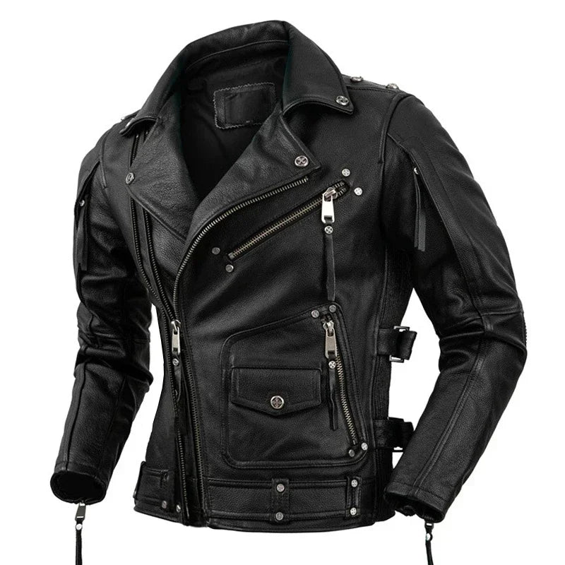Men’s Genuine Leather Biker Jacket – Vintage Brown & Black