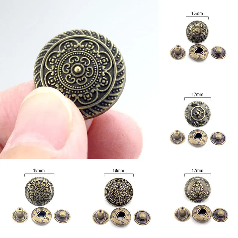 10x Vintage Metal Snap Buttons Press Studs – DIY Sewing & Leather Craft Fasteners for Shirts, Jackets & Bags – Antique-Style Clothes Decoration