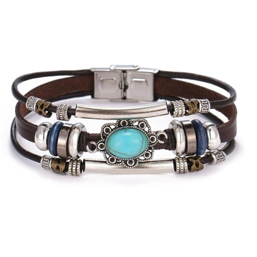 Vintage Gothic Punk Moon Star Metal Multilayer Leather Bracelet Unisex Leaf Bracelets