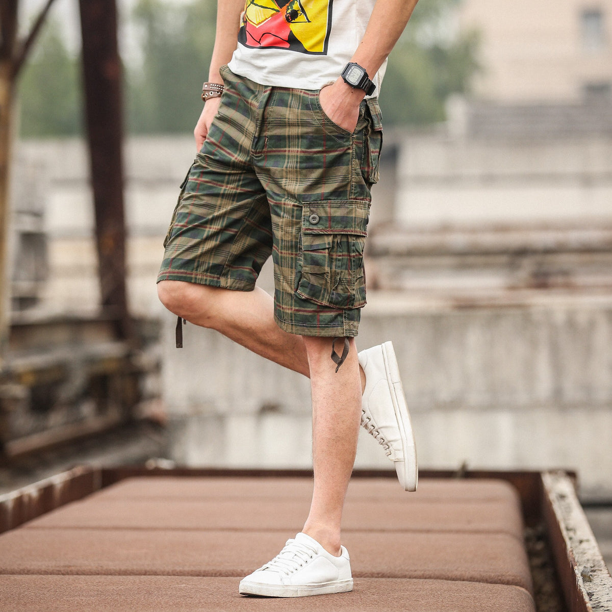 Summer Cotton Comfortable Plaid Outdoor Sports Beach Cargo  Pants Shorts Loose