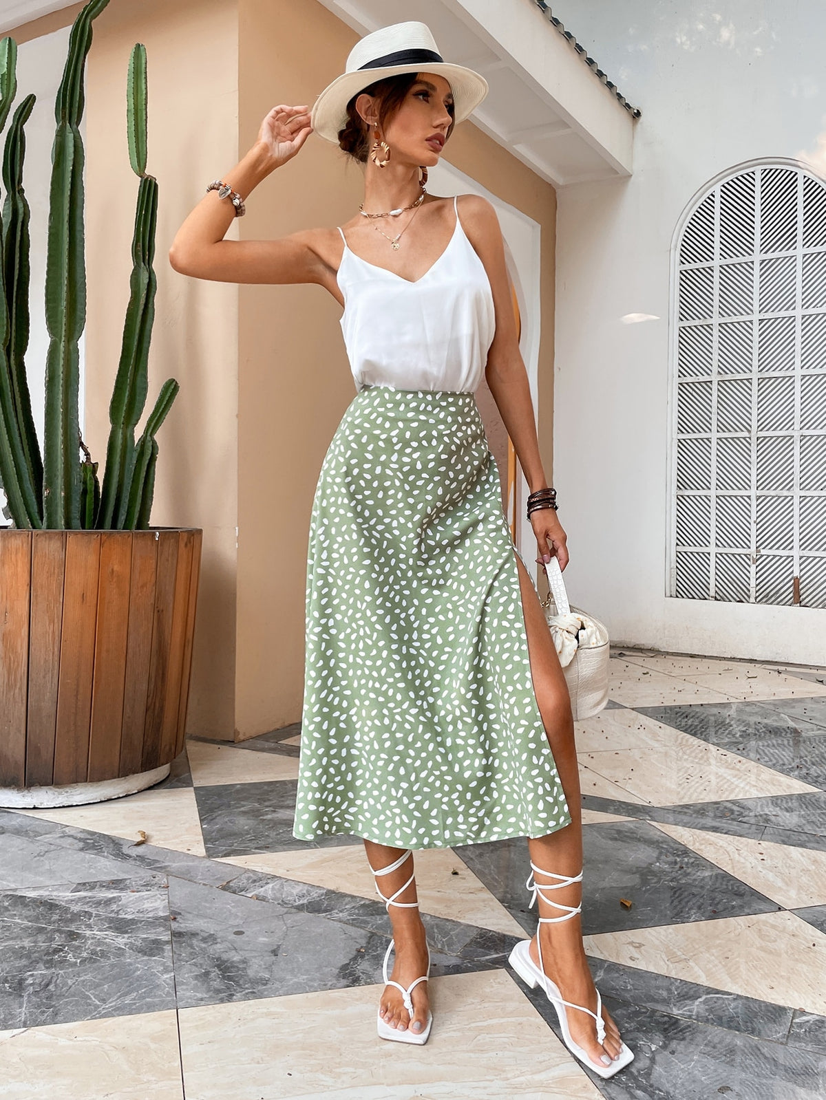 Boho Split Thigh Allover Print Women Skirts  Long Length High Waist With Zipper Slight Stretch
