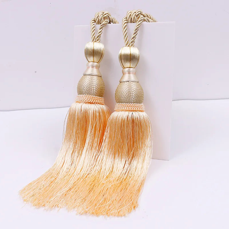 Pair of Large Luxury Curtain Tassels – Decorative Polyester Silk Gold Tiebacks with Tennis-Style Hanging Ear Design for Home & Living Room Drapes