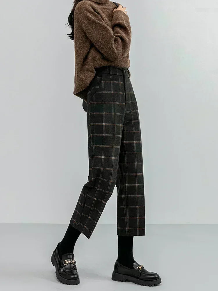Woolen Plaid Women Formal Straight Pants High Waist Ankle-Length Chic Loose Ladies Pants