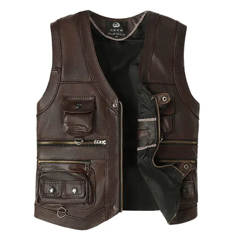 Men’s Slim Fit Genuine Cowhide Leather Vest – Multi Pocket Real Leather Waistcoat