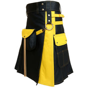 Black and yellow kilt with leather accents on a white background