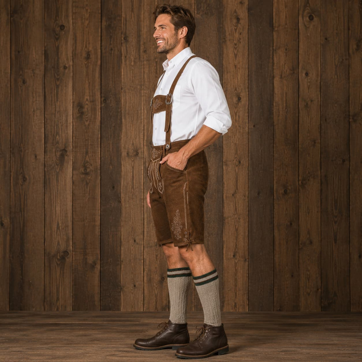 Men’s Traditional Brown Suede Leather Lederhosen Shorts with Embroidered Suspenders, Bavarian Oktoberfest German Beer Festival Outfit