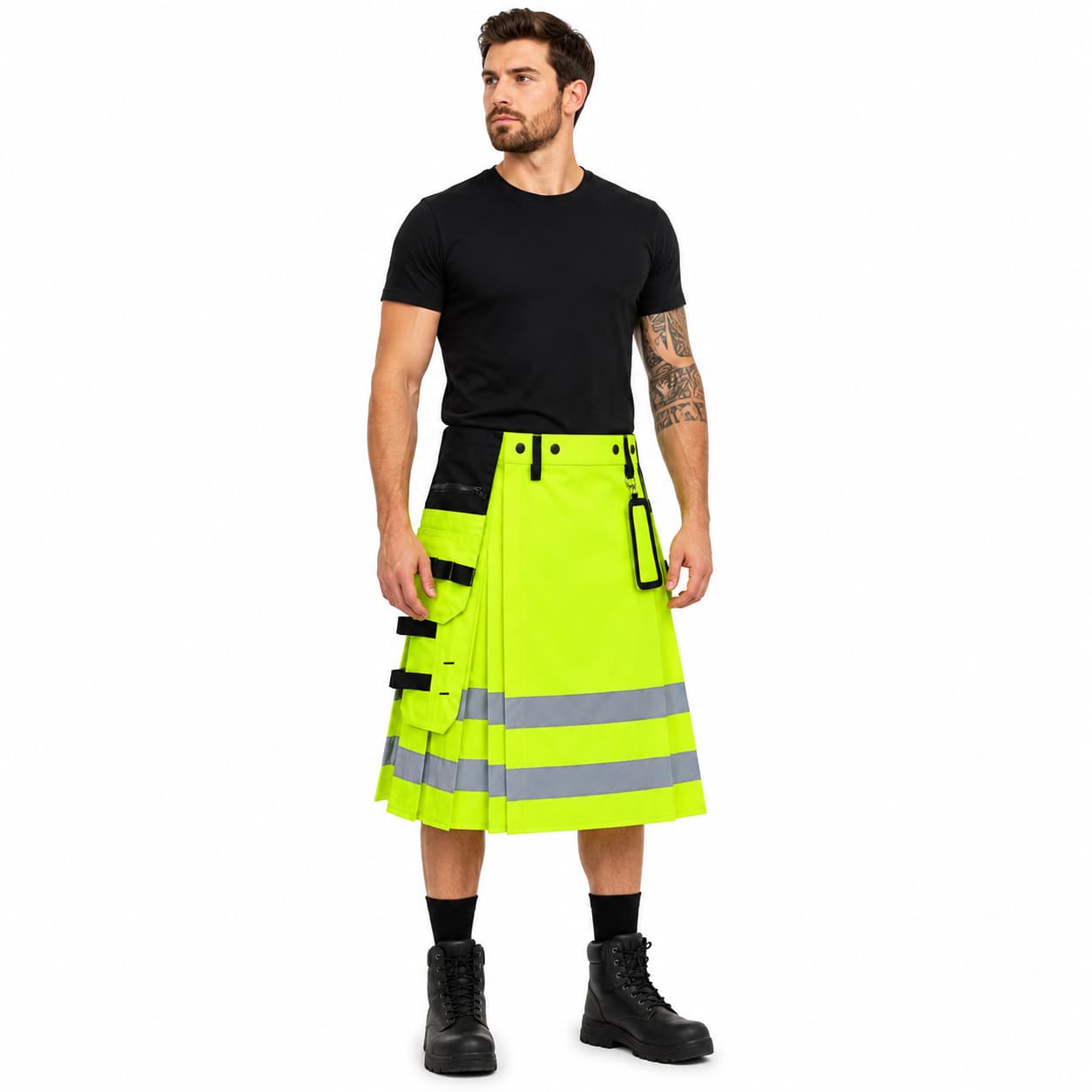 Neon Green Hi-Vis Utility Work Kilt for Men | Reflective Safety Tape Workwear Kilt with Cargo Pockets