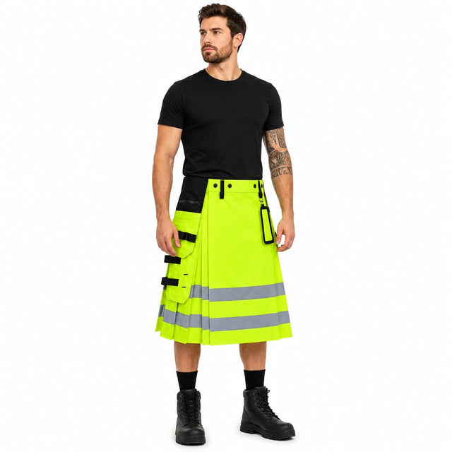 Neon Green Hi-Vis Utility Work Kilt for Men | Reflective Safety Tape Workwear Kilt with Cargo Pockets