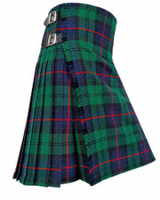 Armstrong Modern Tartan Kilt in green, navy blue, and red tartan pattern with pleated design and adjustable leather buckle straps Side