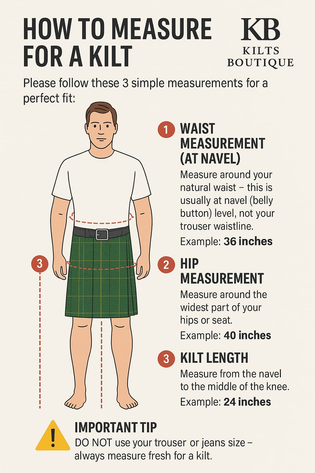 Infographic on how to measure for a kilt with a man wearing a green kilt.