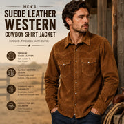 Dark Brown Men's Suede Leather Western Cowboy Shirt Jacket, Vintage Snap Button Western Shirt, Classic Ranch Wear Suede Leather Jacket