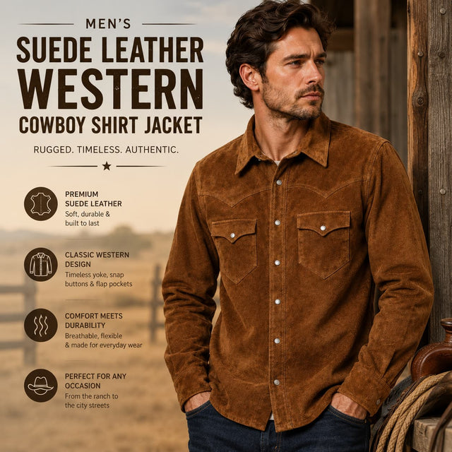 Dark Brown Men's Suede Leather Western Cowboy Shirt Jacket, Vintage Snap Button Western Shirt, Classic Ranch Wear Suede Leather Jacket