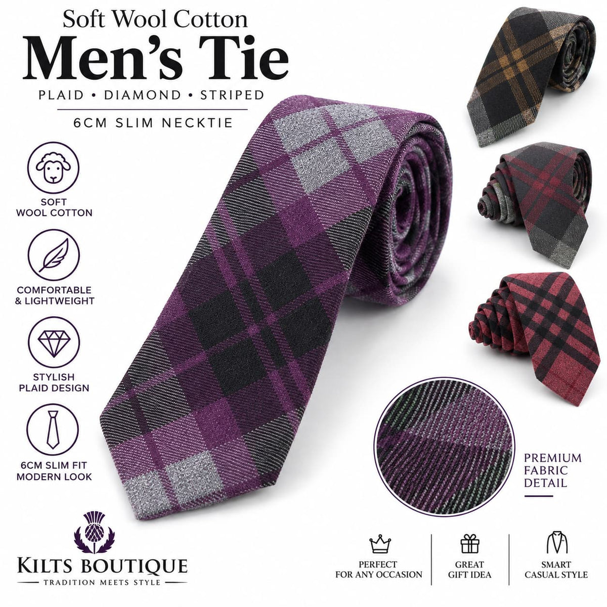 Men’s Soft Wool Cotton Tartan Tie | 6cm Slim Plaid Necktie