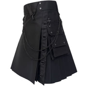 Men’s black punk kilt with chains and D-rings, pleated back and heavy twill fabric