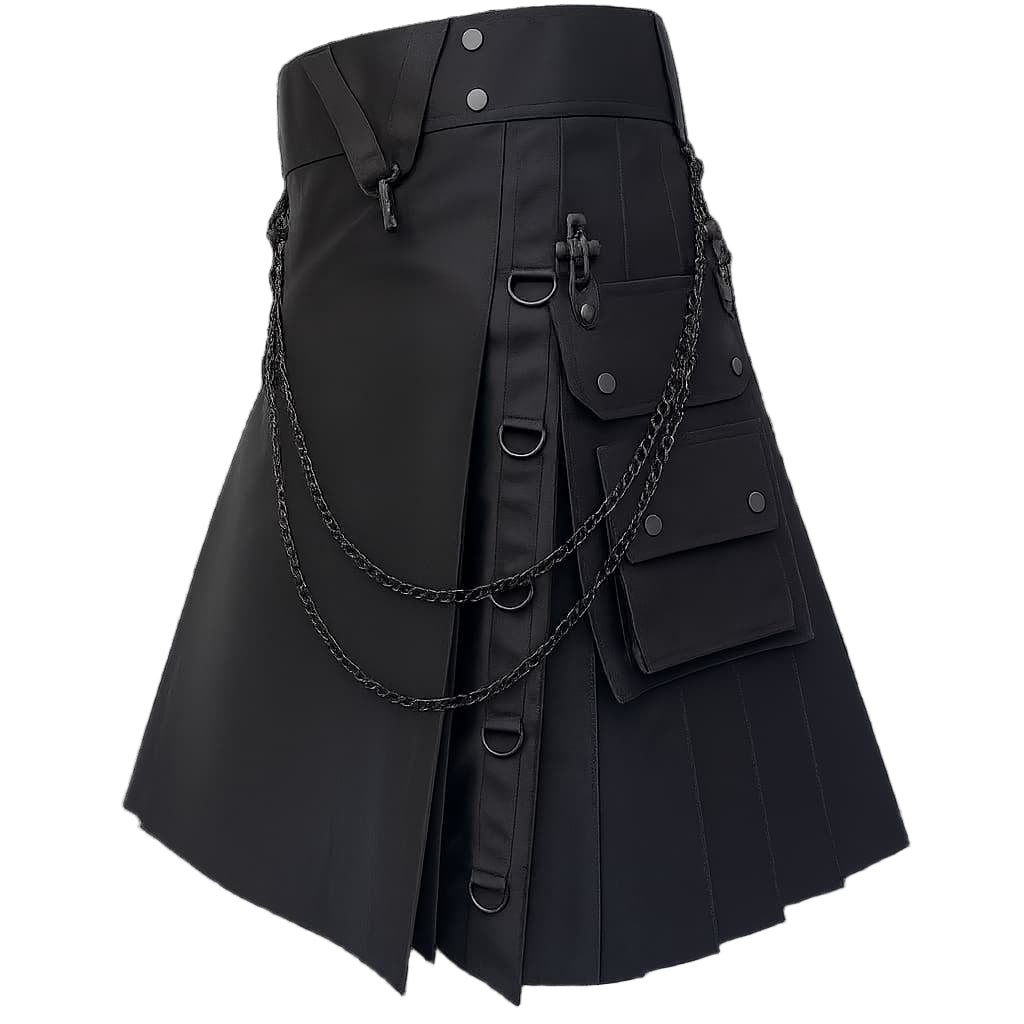 Men’s black punk kilt with chains and D-rings, pleated back and heavy twill fabric