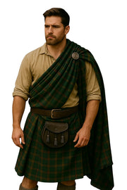 Man wearing a traditional Scottish kilt with a green plaid pattern on a white background