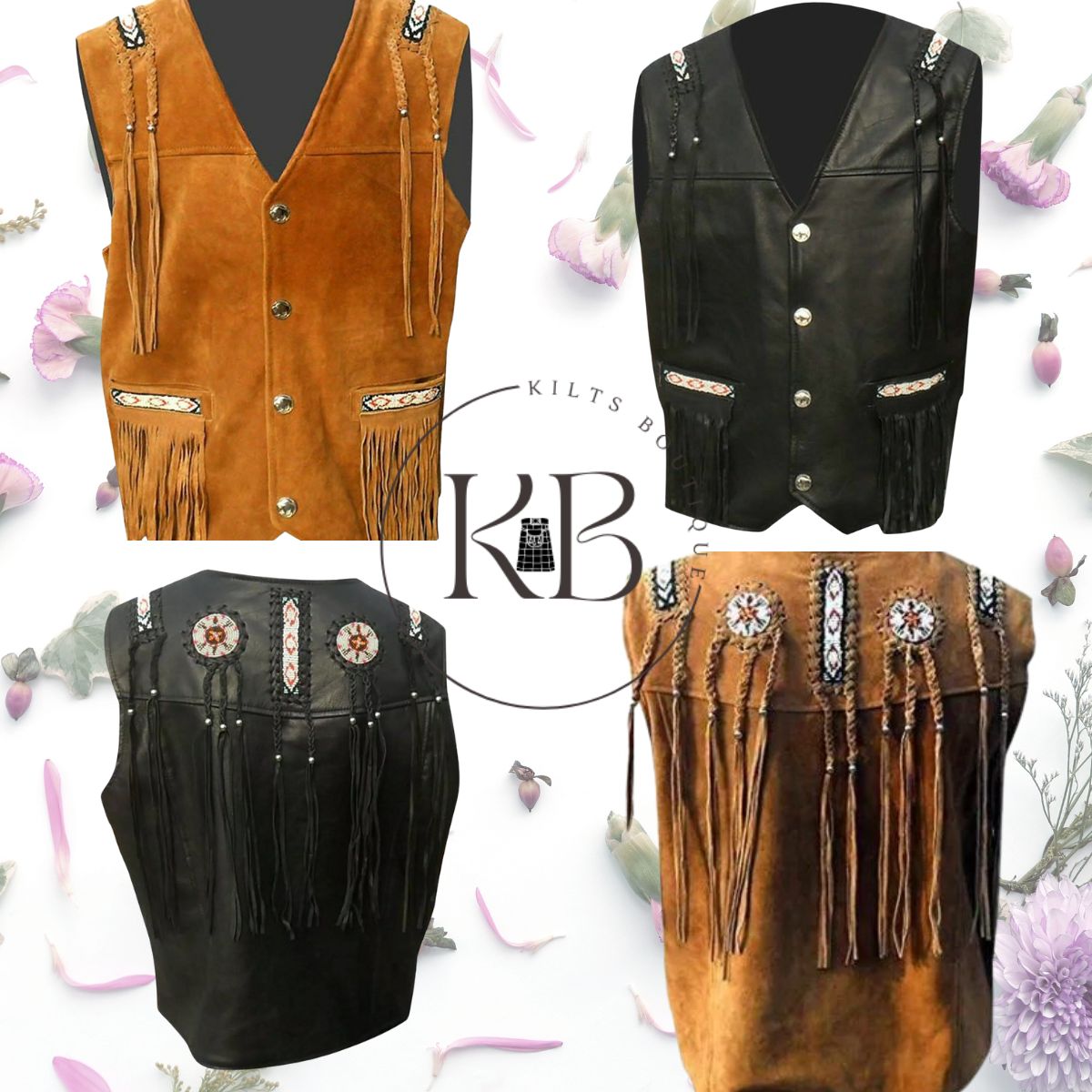 Men's Western Wear Brown/Black Suede Leather Cowboy Vest with Beaded Design, Fringe, and Bone Accents