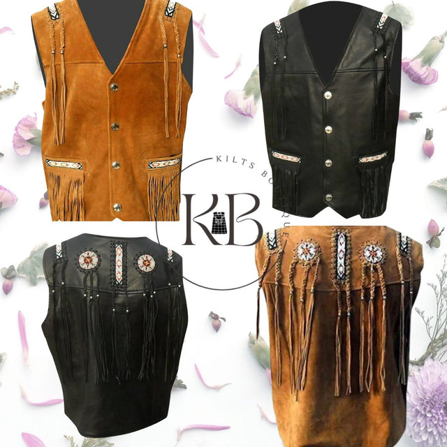Men's Western Wear Brown/Black Suede Leather Cowboy Vest with Beaded Design, Fringe, and Bone Accents