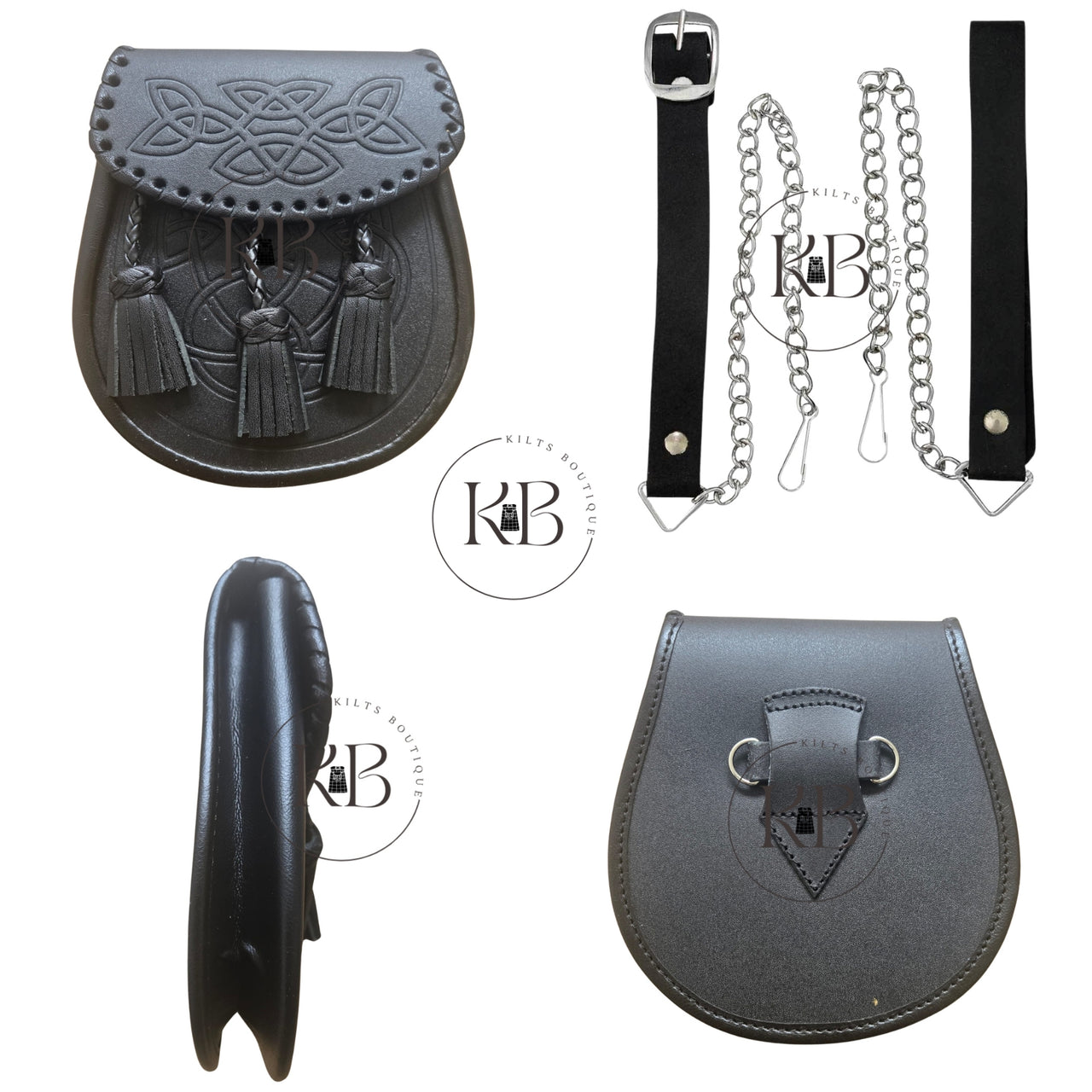 Double Embossed Black Leather Kilt Sporran 3 Tassels With Chain & Belt