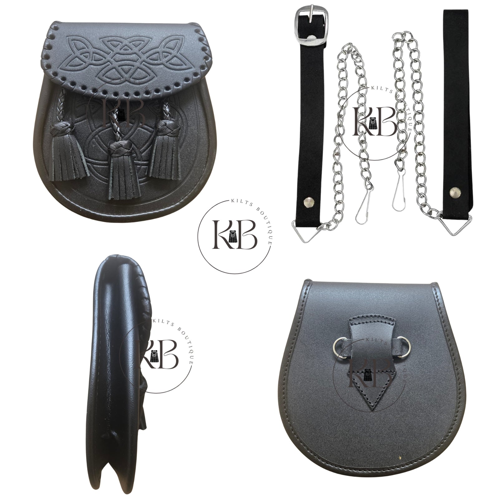 Double Embossed Black Leather Kilt Sporran 3 Tassels With Chain & Belt