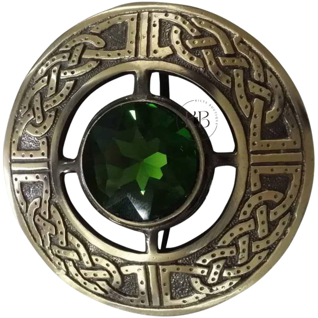 Highland Scottish Celtic Kilt Fly Plaid Brooch Green Stone Antique Finish