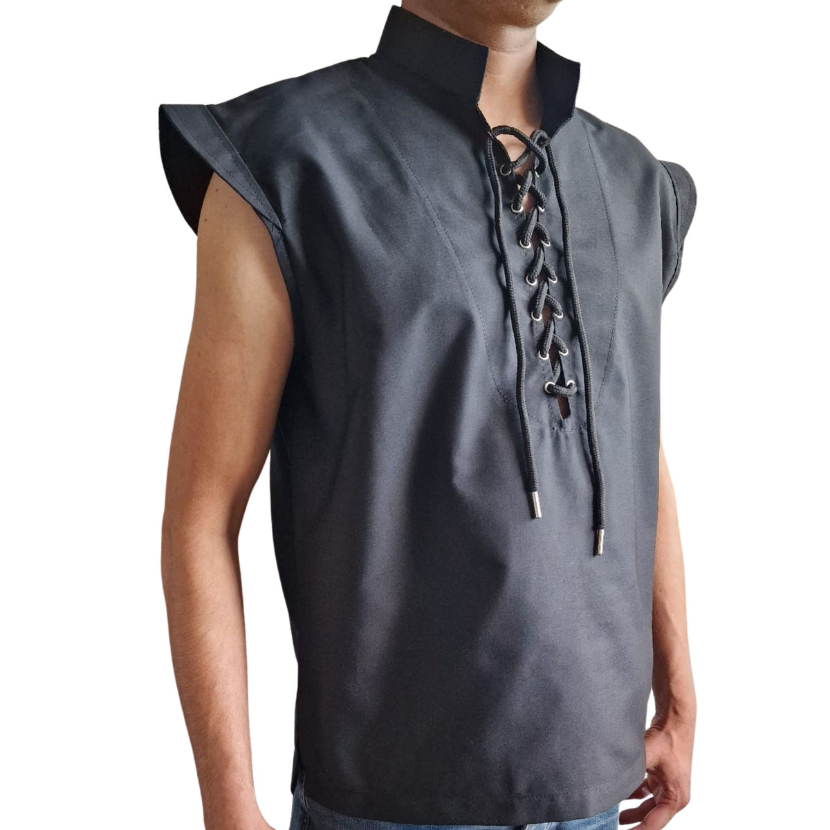 Black Cotton-Blend Medieval Pirate Vest Shirt – Men’s Vintage Sleeveless Lace-Up Neck Blouse Top