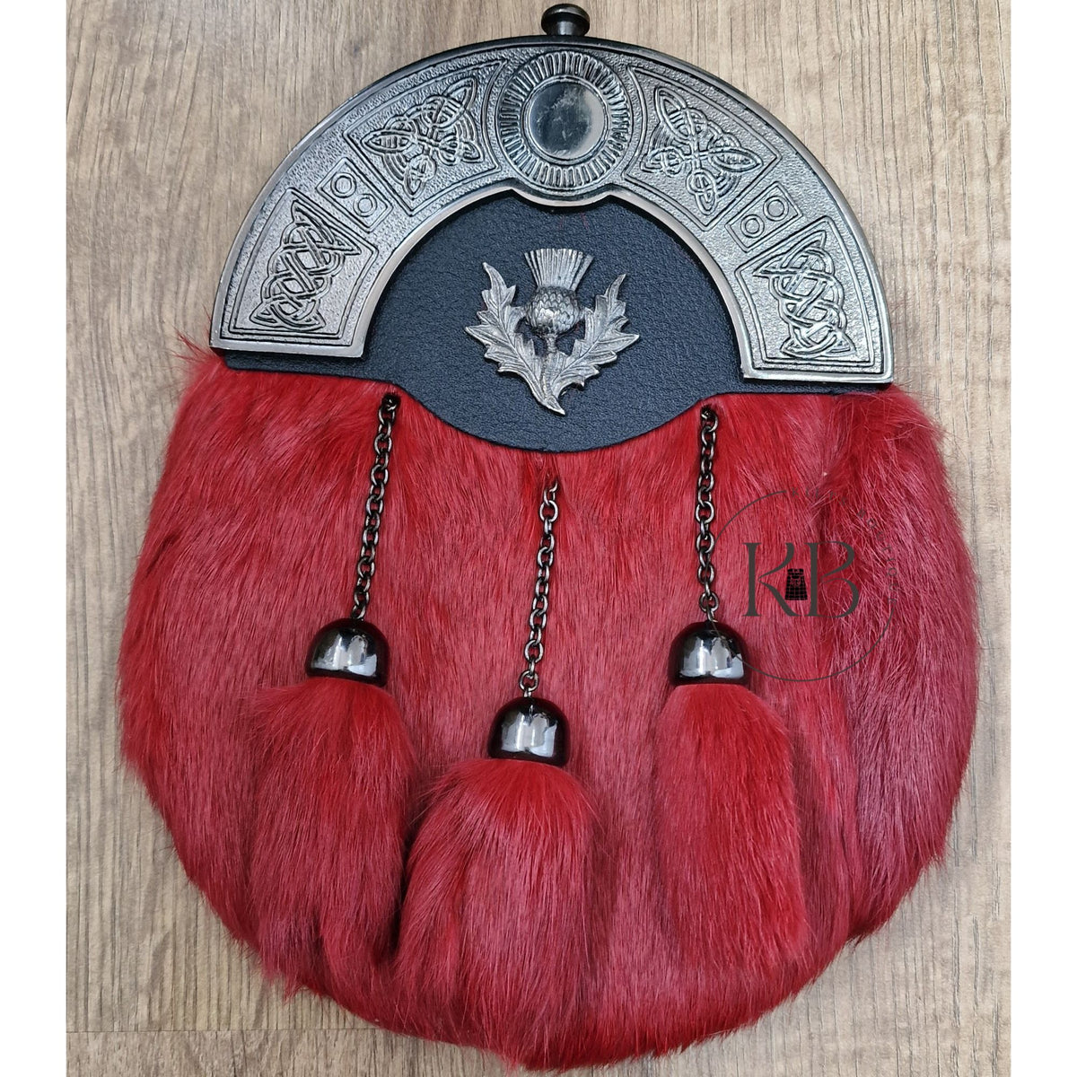 Antique Scottish Thistle & Highland Full Dress Red Rabbit-Fur Thistle Sporran Cantle With 3 Tassels