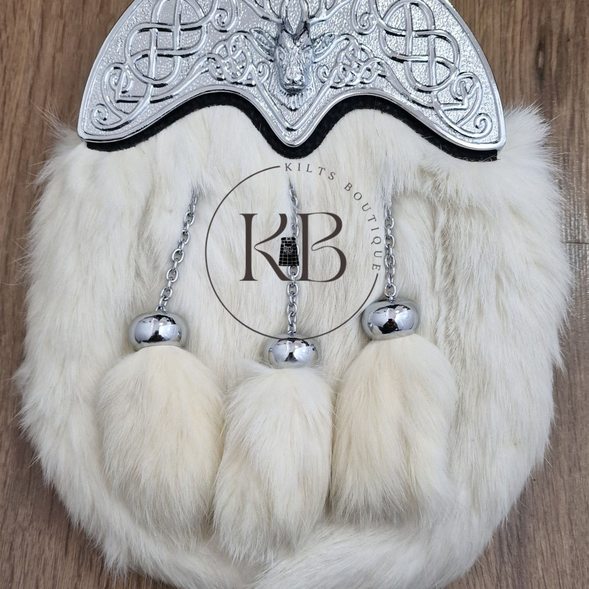 Full Dress Chrome Plated Scottish Stag Cantle Off White Rabbit Fur Sporran