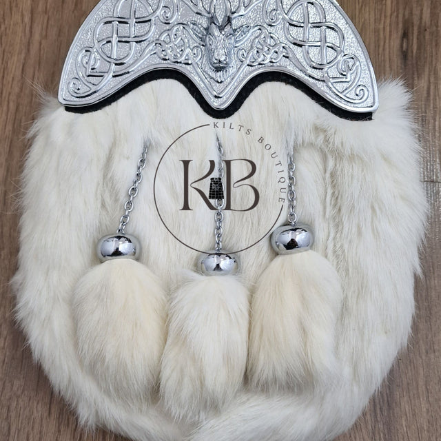 Full Dress Chrome Plated Scottish Stag Cantle Off White Rabbit Fur Sporran