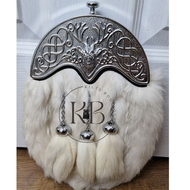 Full Dress Chrome Plated Scottish Stag Cantle Off White Rabbit Fur Sporran