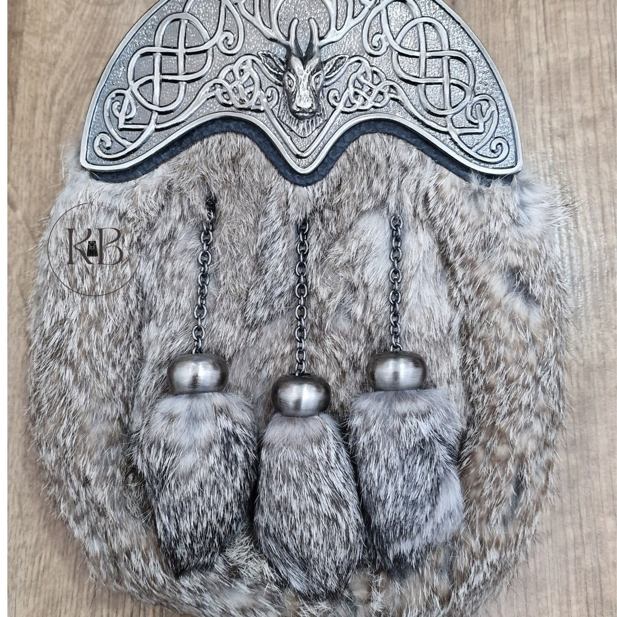 Antique Grey Full Dress Sporran Stag Cantle Rabbit-Fur Sporran 3 Tassels