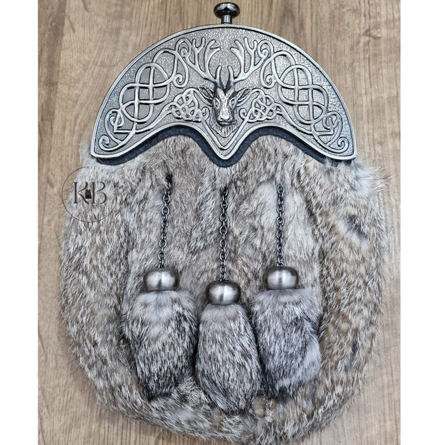 Antique Grey Full Dress Sporran Stag Cantle Rabbit-Fur Sporran 3 Tassels