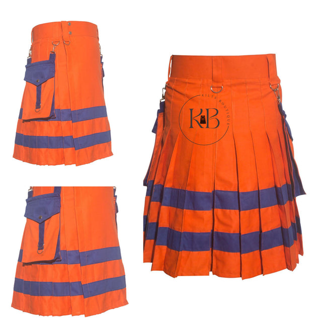 Firefighter Kilt Orange Traditional Men's Stylish Orange with Navy Blue Stripes Utility Kilt