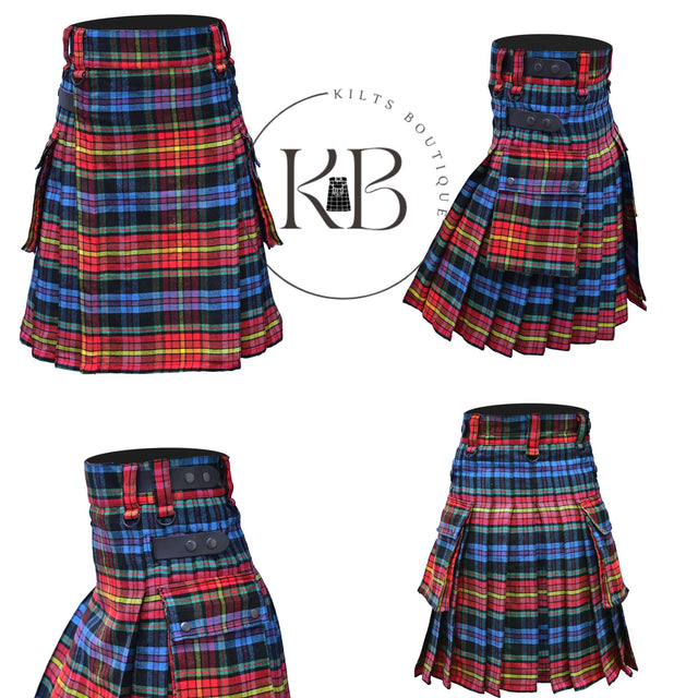 Scottish Men Tartan LGBT Utility Modern Kilt With Leather Straps Pockets Kilt LGBTQ Pride Kilt