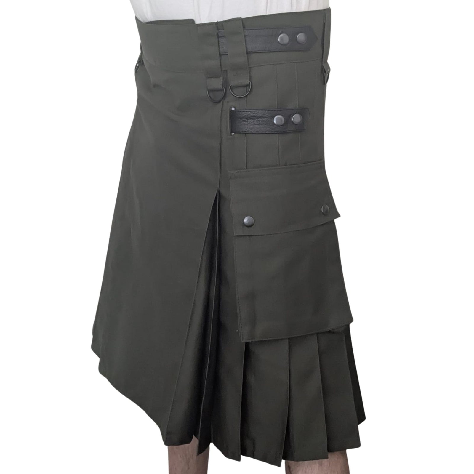 Men’s Utility Kilt – Army Green Cargo Pockets, Adjustable Straps & D-Rings, Pleated Work/Tactical Kilt