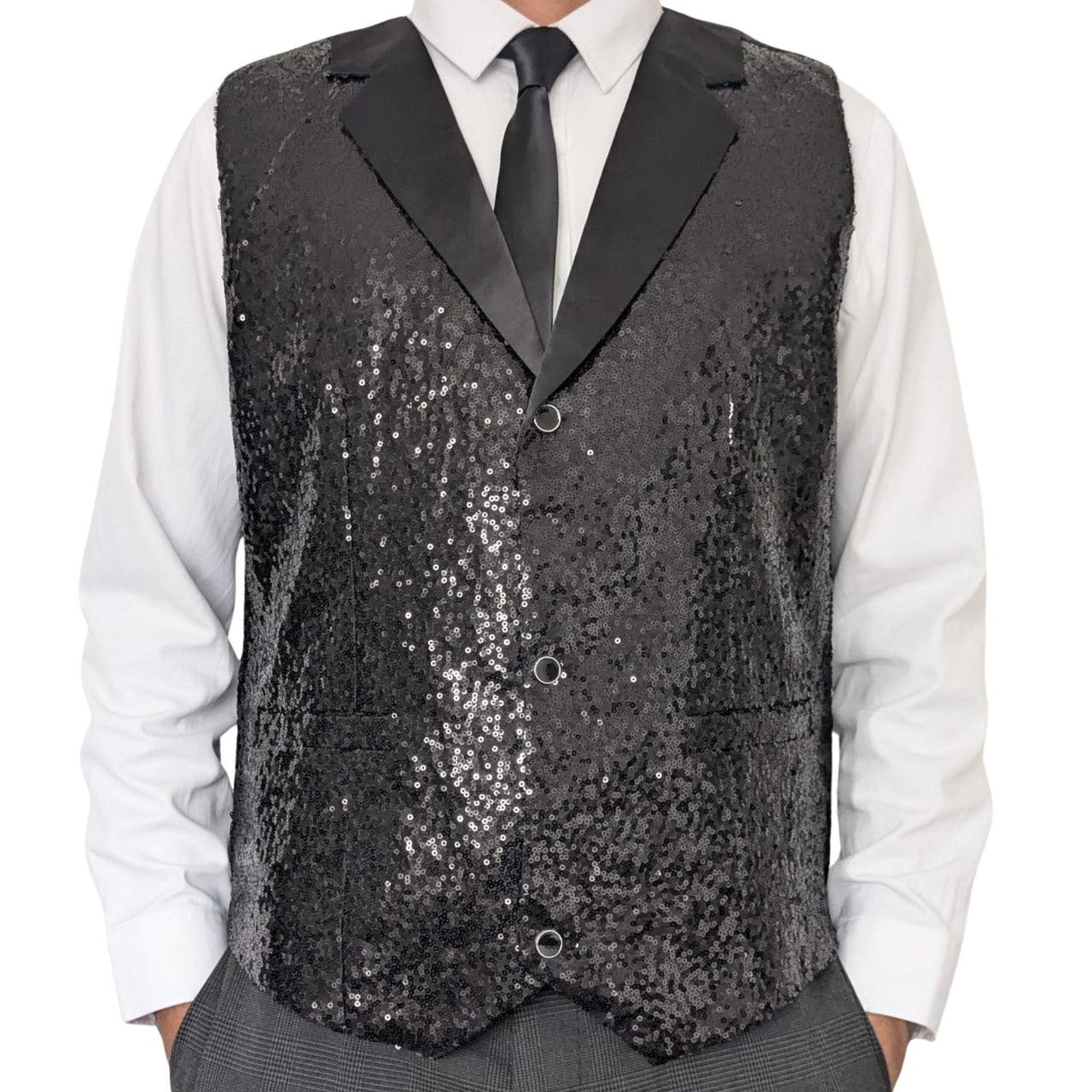 Men’s Black Sequin Waistcoat – Formal Party Vest with Satin Lapel for Wedding, Prom, Stage, Show