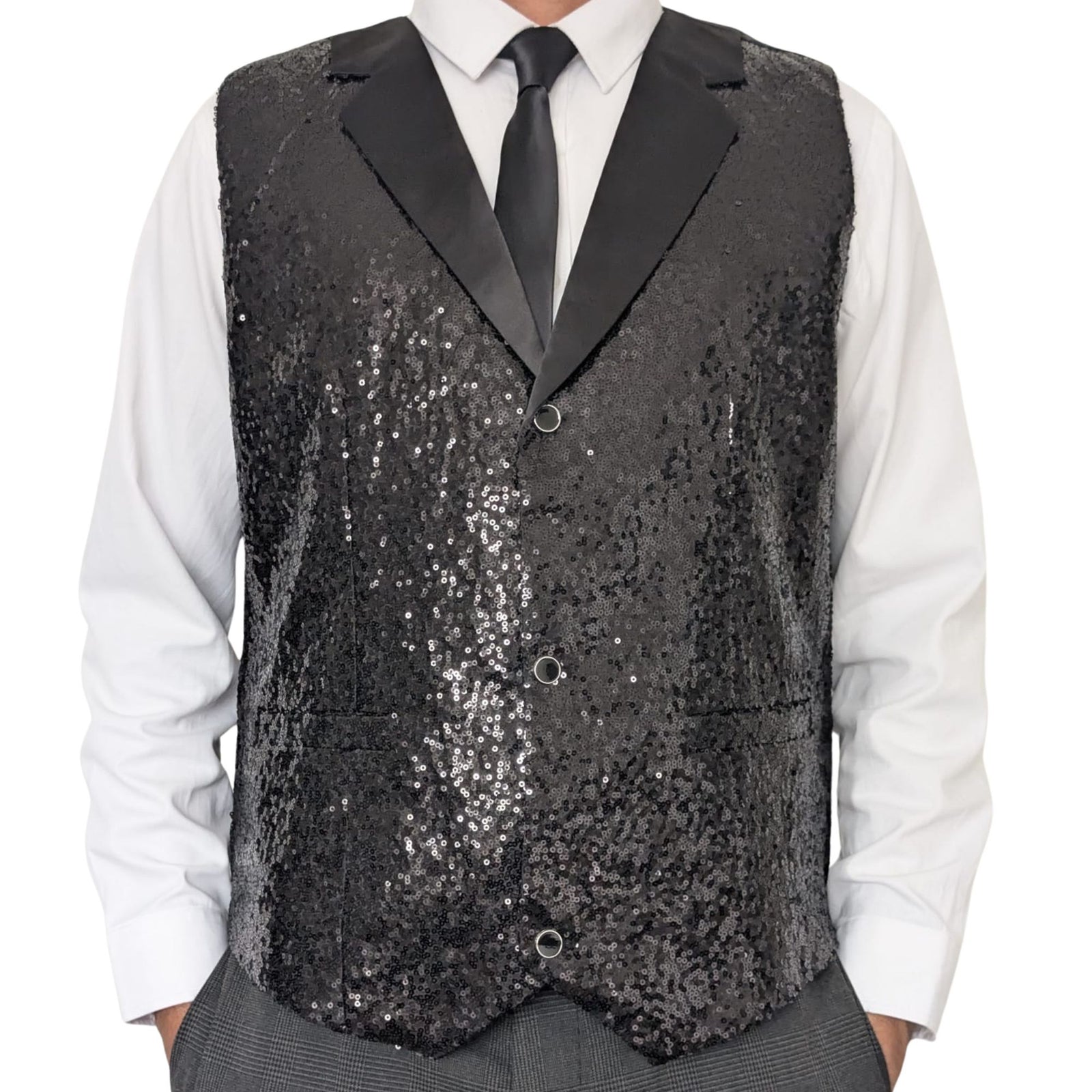 Men’s Black Sequin Waistcoat – Formal Party Vest with Satin Lapel for Wedding, Prom, Stage, Show