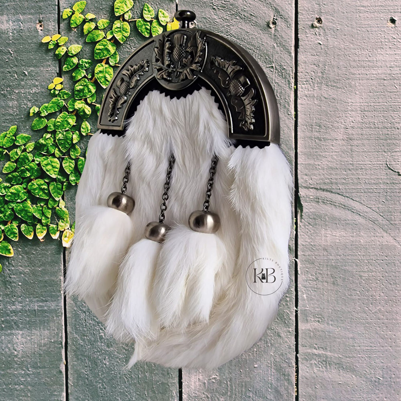 Pure White Rabbit Fur Antique Full Dress Sporran Thistle Cantle, Antique Finish Fur Sporran 3 Tassels