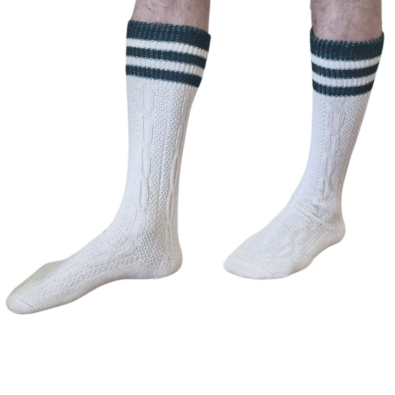 Bavarian Knee-High Cotton Trachten Socks – Oktoberfest Lederhosen Socks, Cable-Knit with Turnover Cuff (Cream w/ Green Stripes)