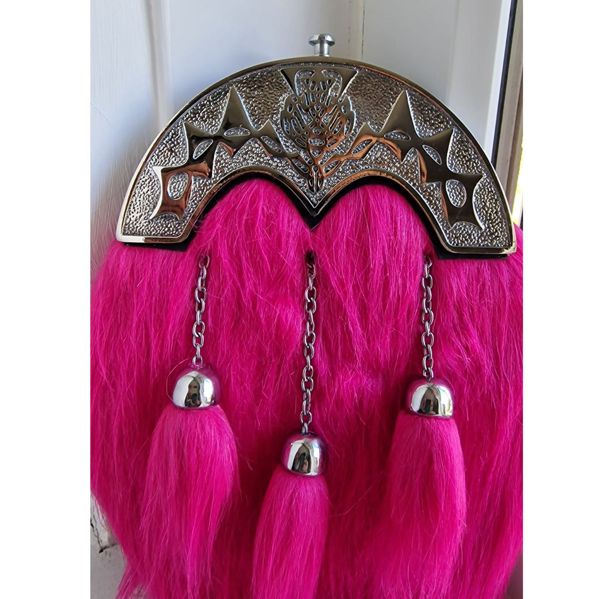 Pink Scottish & Highland Sporran Full Dress Fur Big Thistle Cantle With 3 Tassels Chrome Finish.